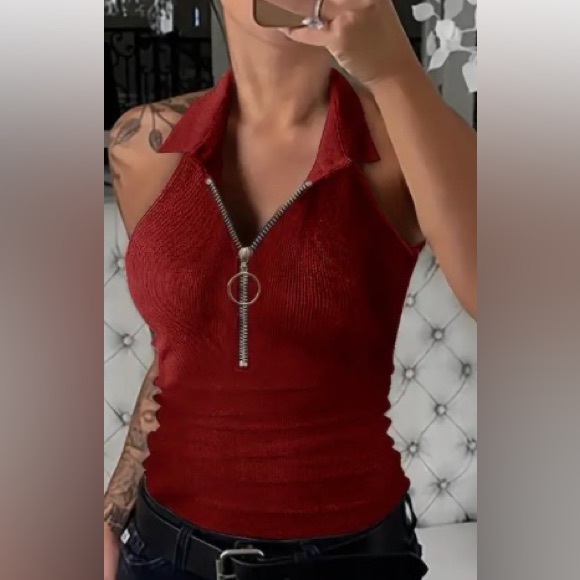 Tops - Elegant Red Collared Blouse with Zipper NWOT